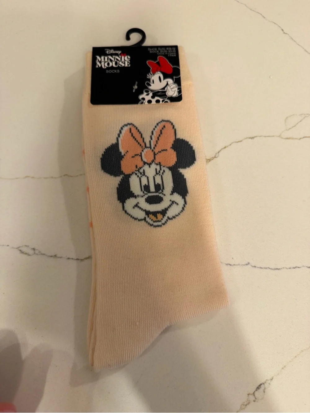 NWT Disney Minnie Mouse Crew Socks Cream Pink Striped Size 10-13 (Shoe 6.5-12)